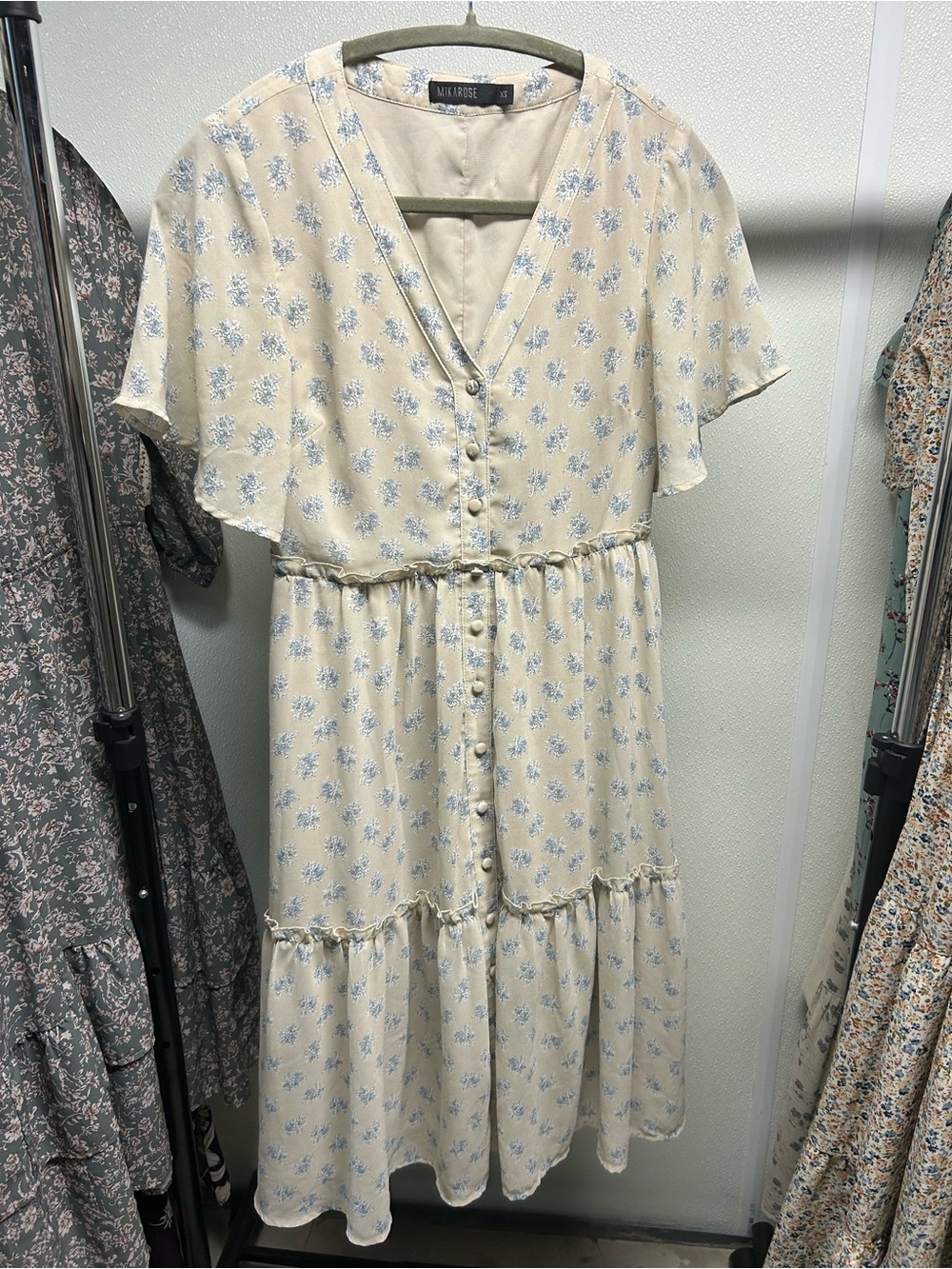 Mikarose Cream Midi Dress with Light Blue Floral Print